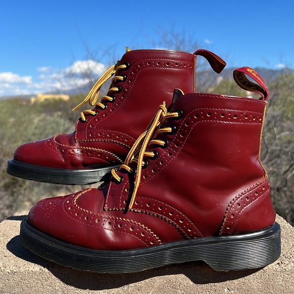 Dr. Martens Vintage 7 Eye Red & Yellow Brogue Wingtip Boots - Picture 1 of 17